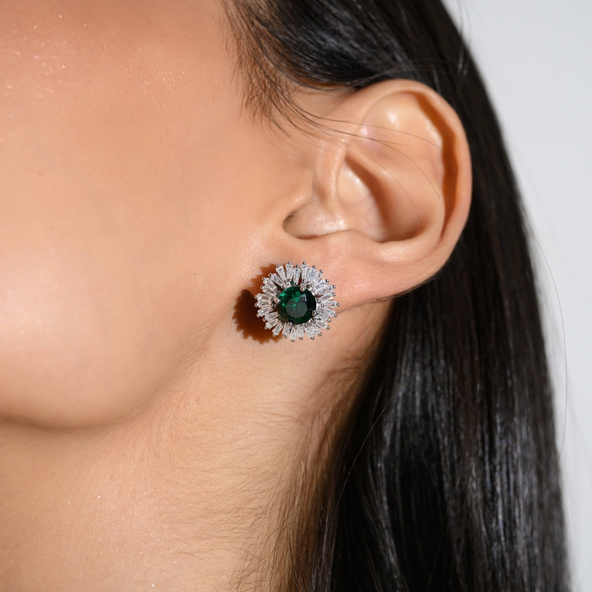 Charming Emerald Green Floral White CZ Diamond Stud Earrings