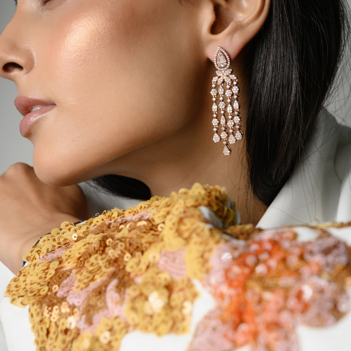 Rose Gold Clustered CZ Diamond Drop Earrings in 925 Silver