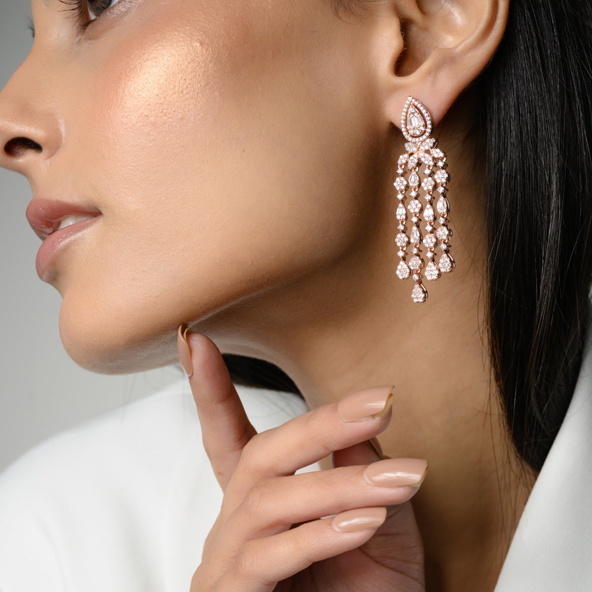 Rose Gold Clustered CZ Diamond Drop Earrings in 925 Silver