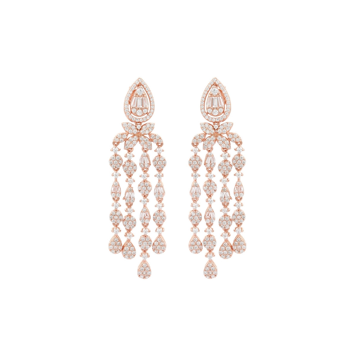 Rose Gold Clustered CZ Diamond Drop Earrings in 925 Silver