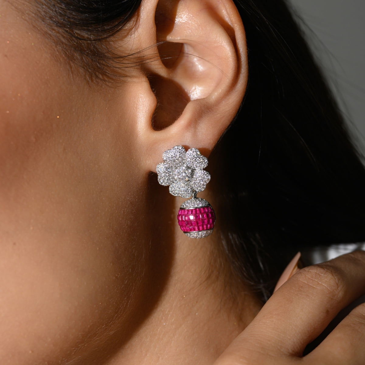 Sparkling CZ Crystal Floral Droplet Earrings in 925 Silver
