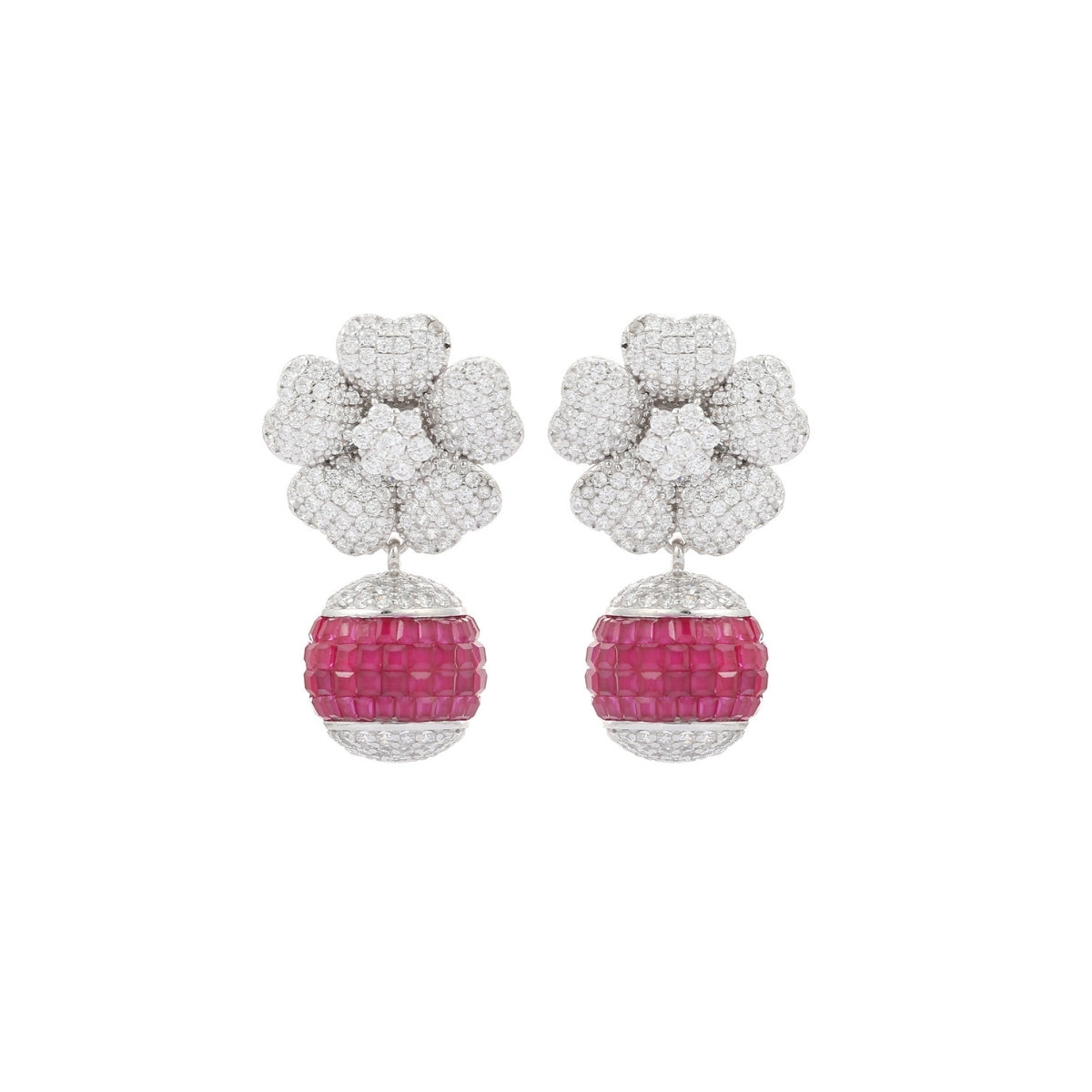 Sparkling CZ Crystal Floral Droplet Earrings in 925 Silver