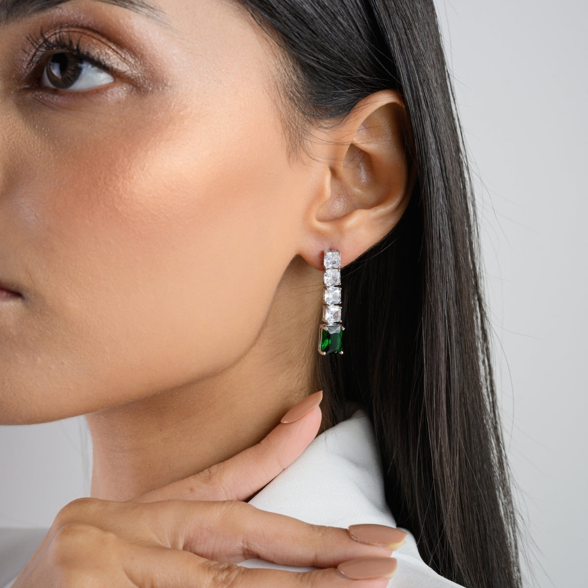 925 Silver Blue, Emerald Green and Red Ruby CZ Diamond Drop Earrings