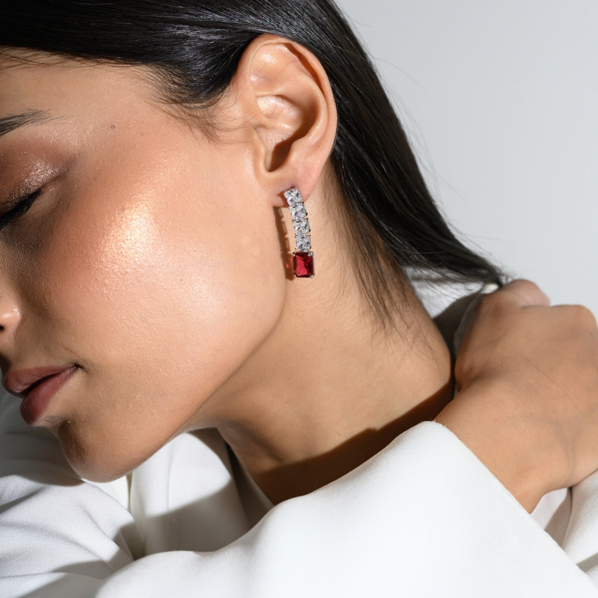 925 Silver Blue, Emerald Green and Red Ruby CZ Diamond Drop Earrings