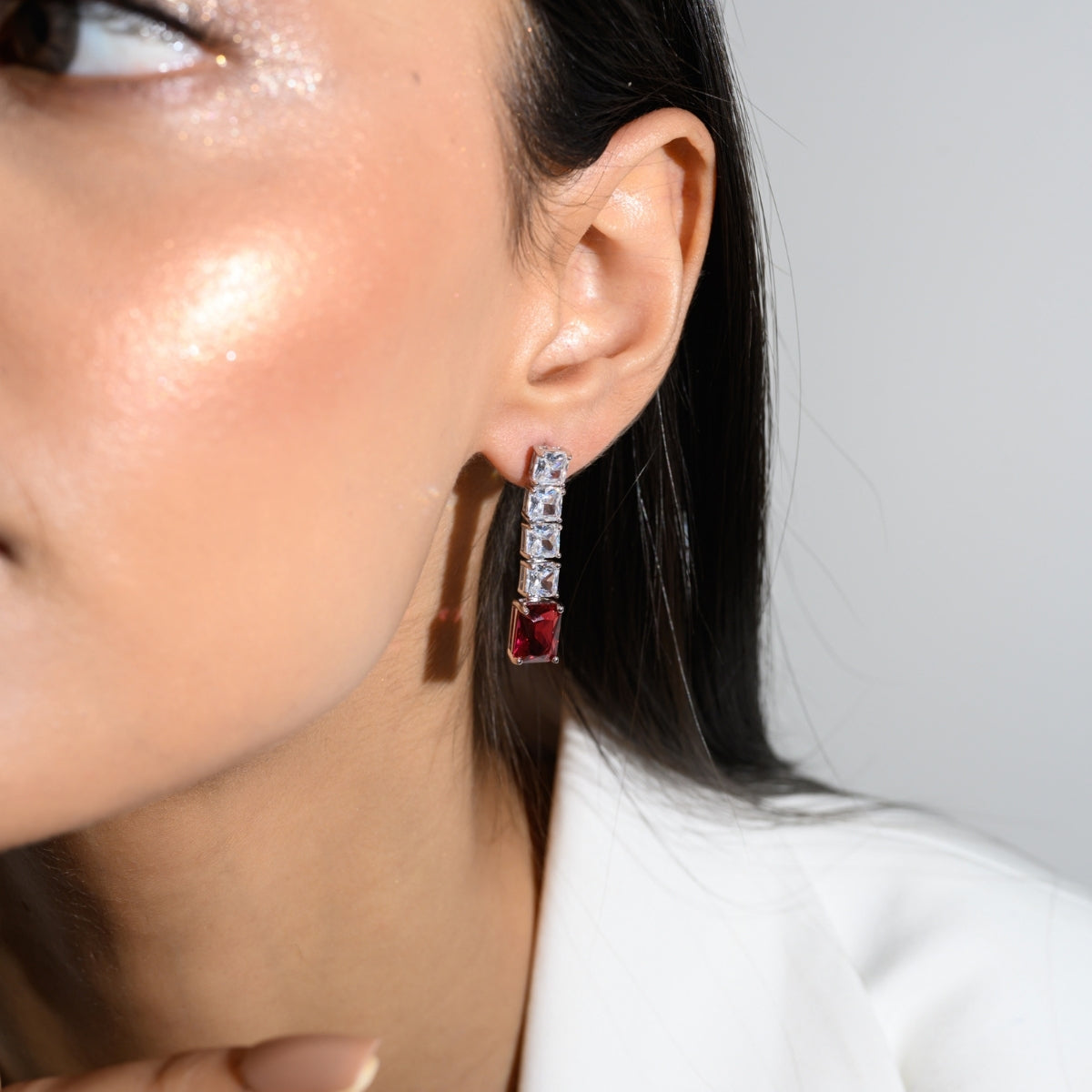 925 Silver Blue, Emerald Green and Red Ruby CZ Diamond Drop Earrings