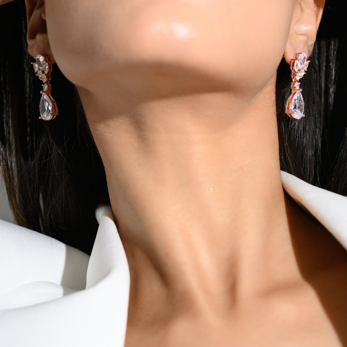 Elegant 925 Silver Tear Drop Earrings in White Gold & Rose Gold Finish