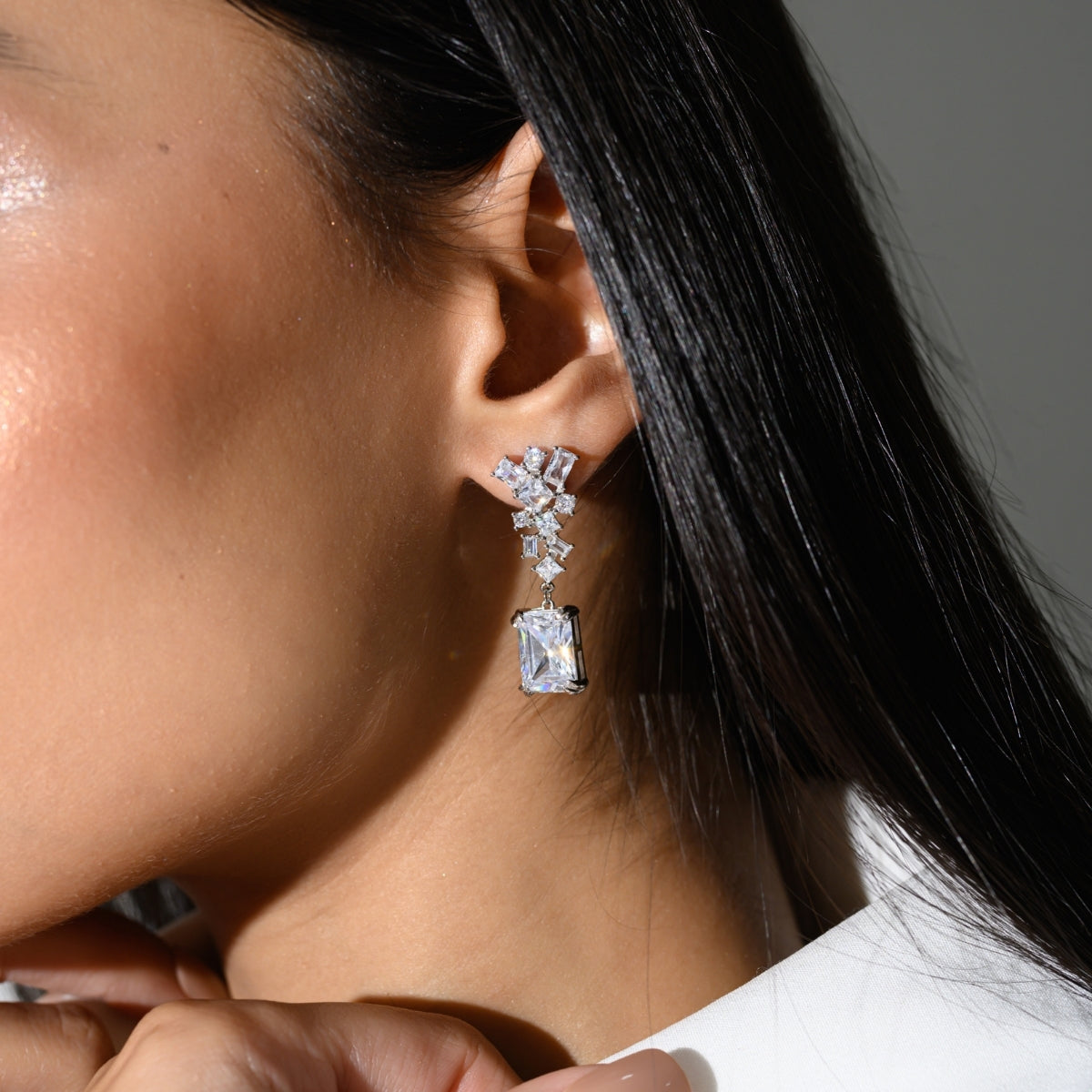 Ice Cut Emerald Drop CZ Diamond Earrings