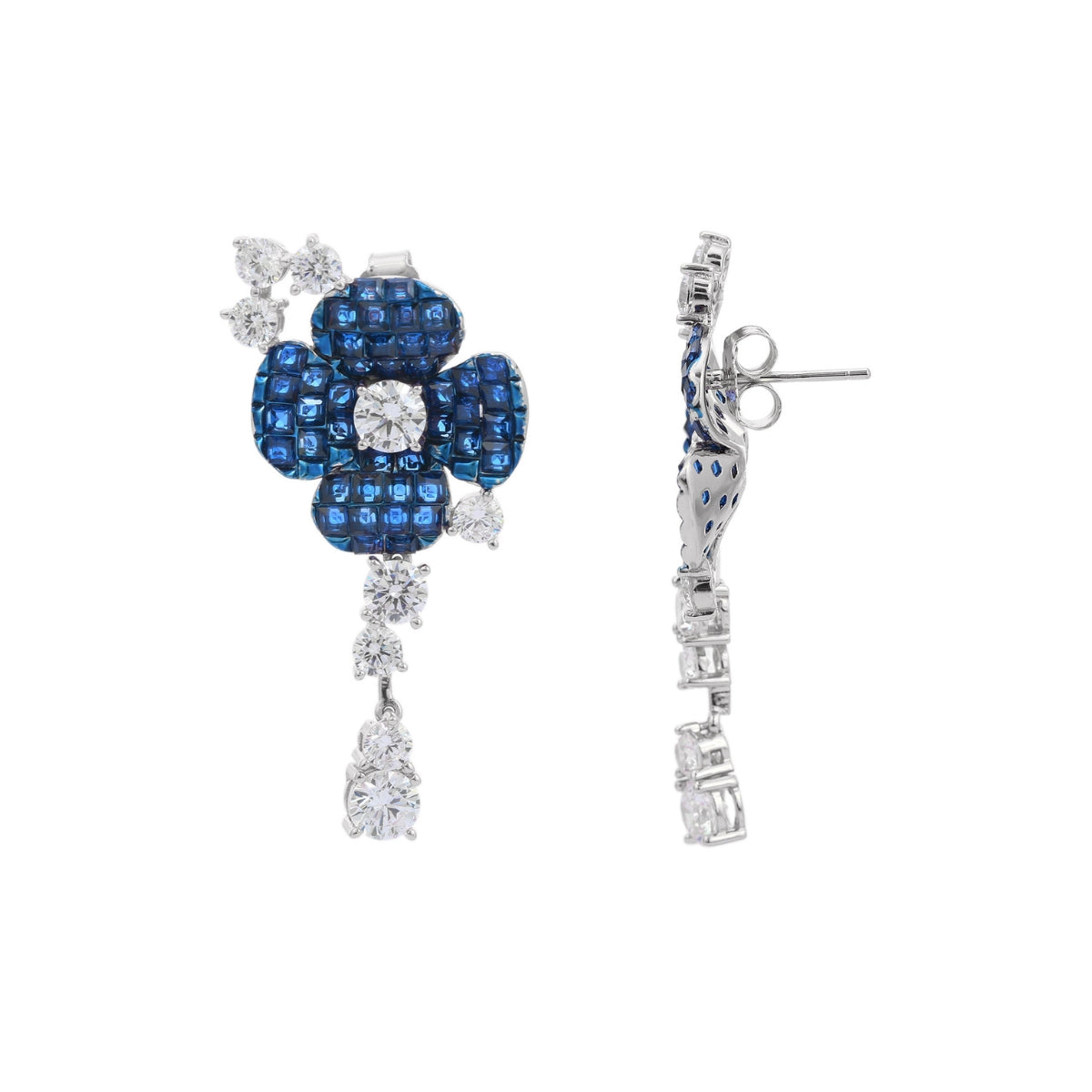 925 Silver Flower Dangle Earrings - Stunning Blue and Pink CZ Diamonds