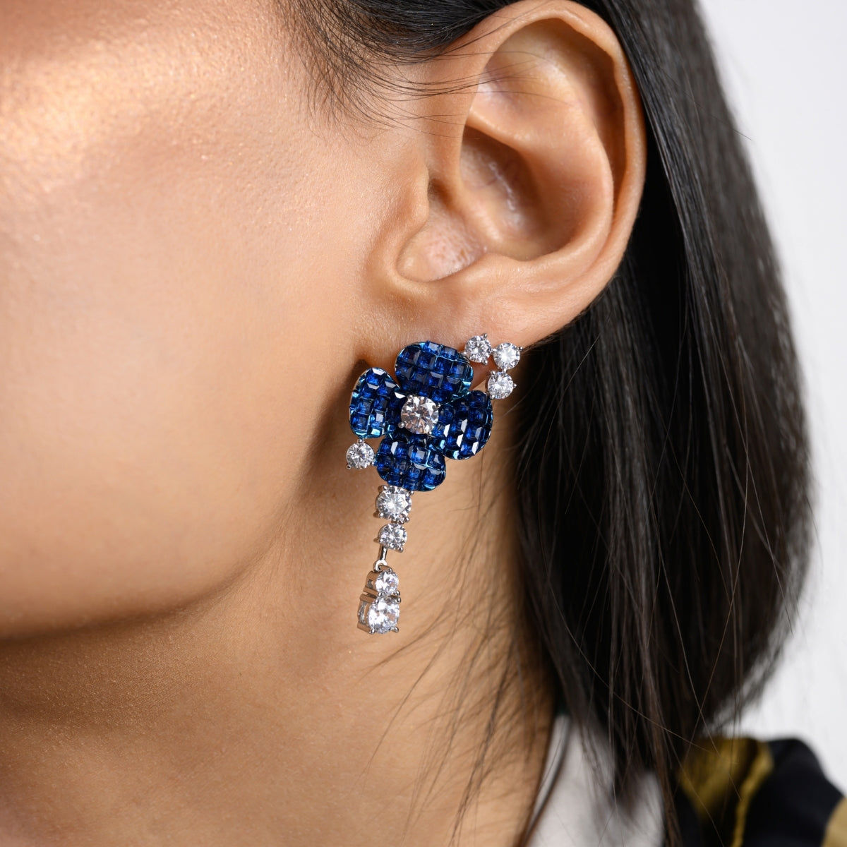 925 Silver Flower Dangle Earrings - Stunning Blue and Pink CZ Diamonds