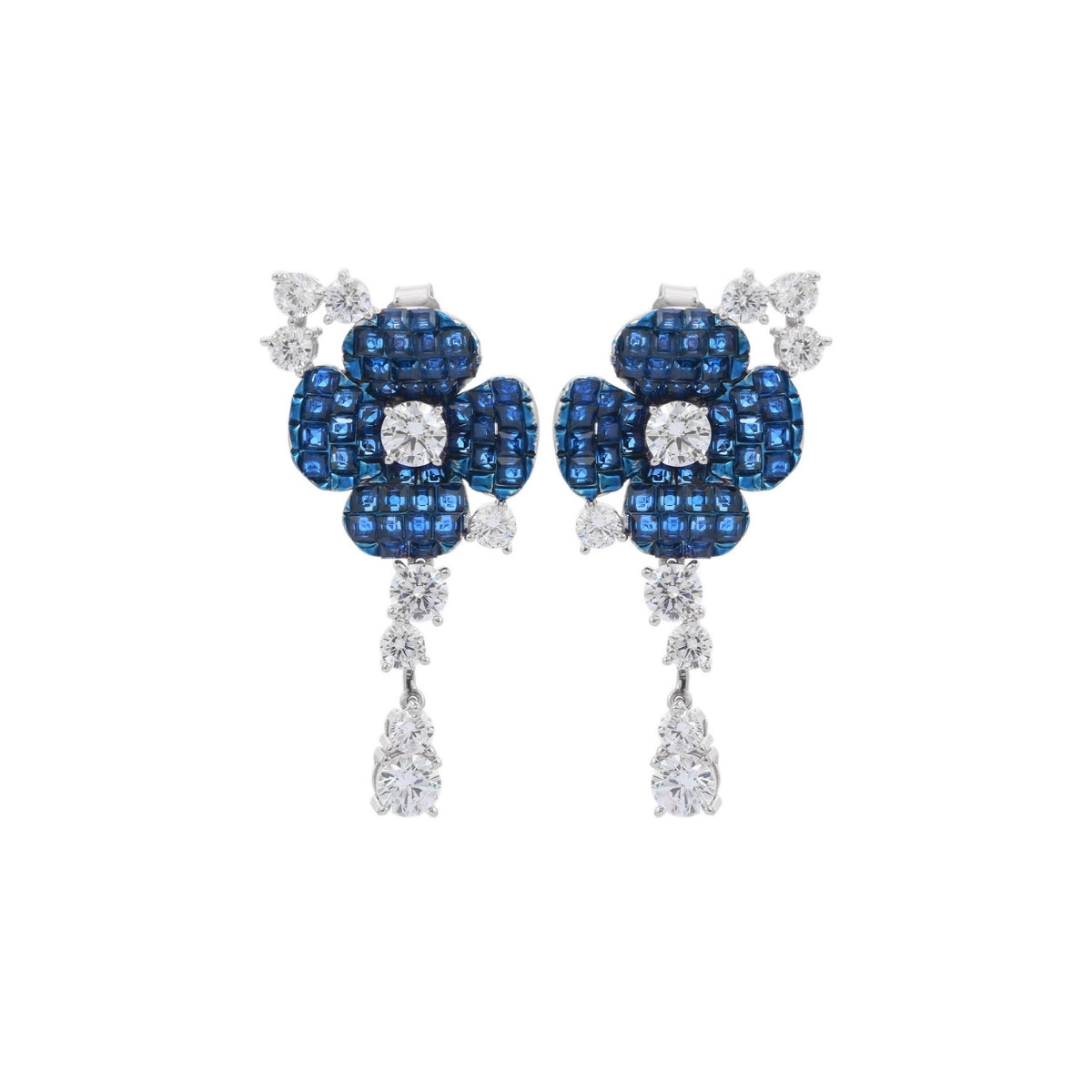 925 Silver Flower Dangle Earrings - Stunning Blue and Pink CZ Diamonds
