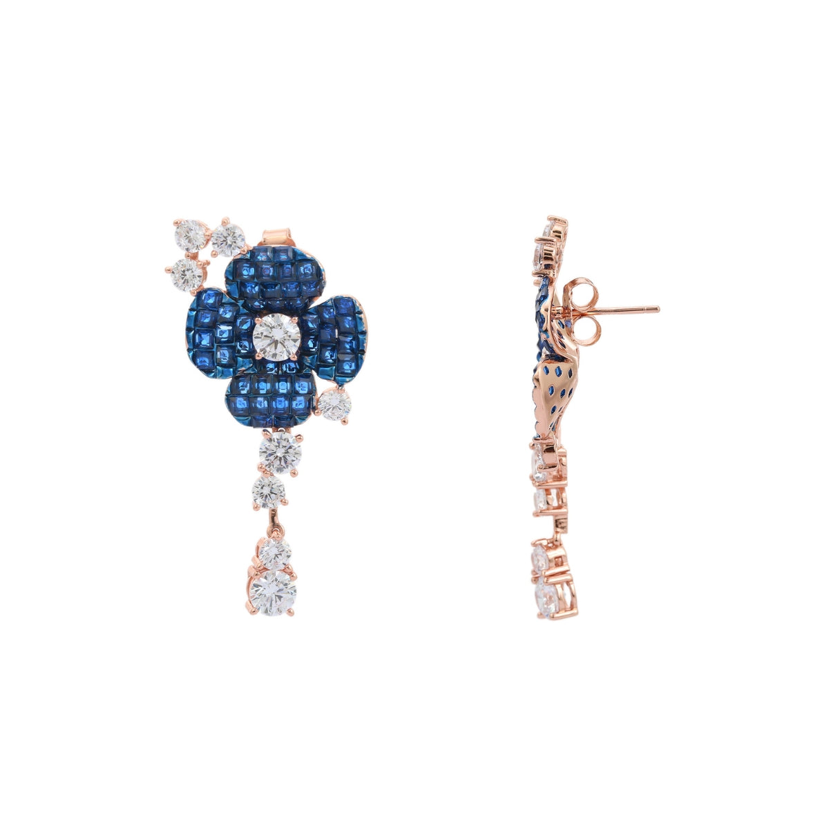 Rose Gold Blue Diamond Flower Drop Earrings