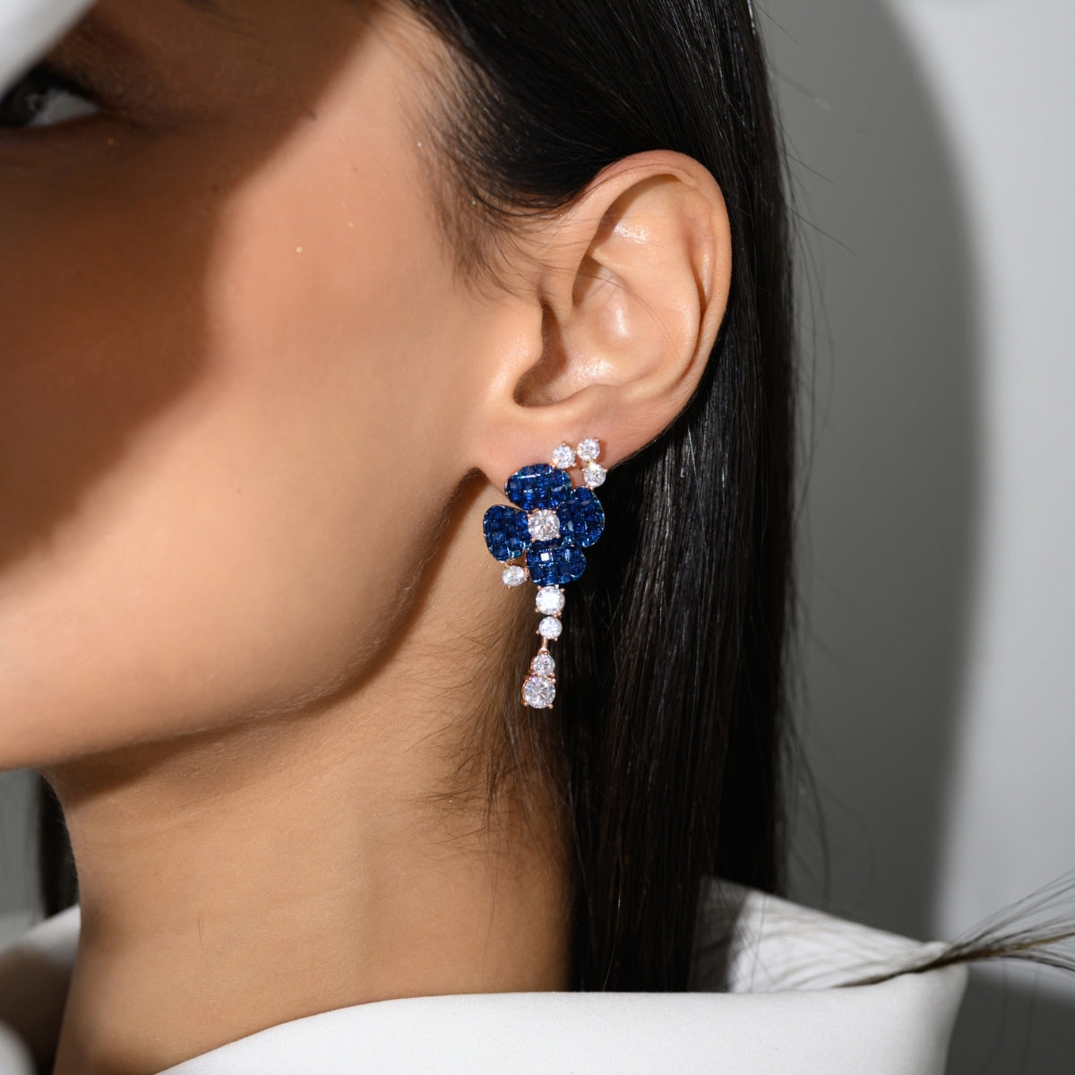 Rose Gold Blue Diamond Flower Drop Earrings