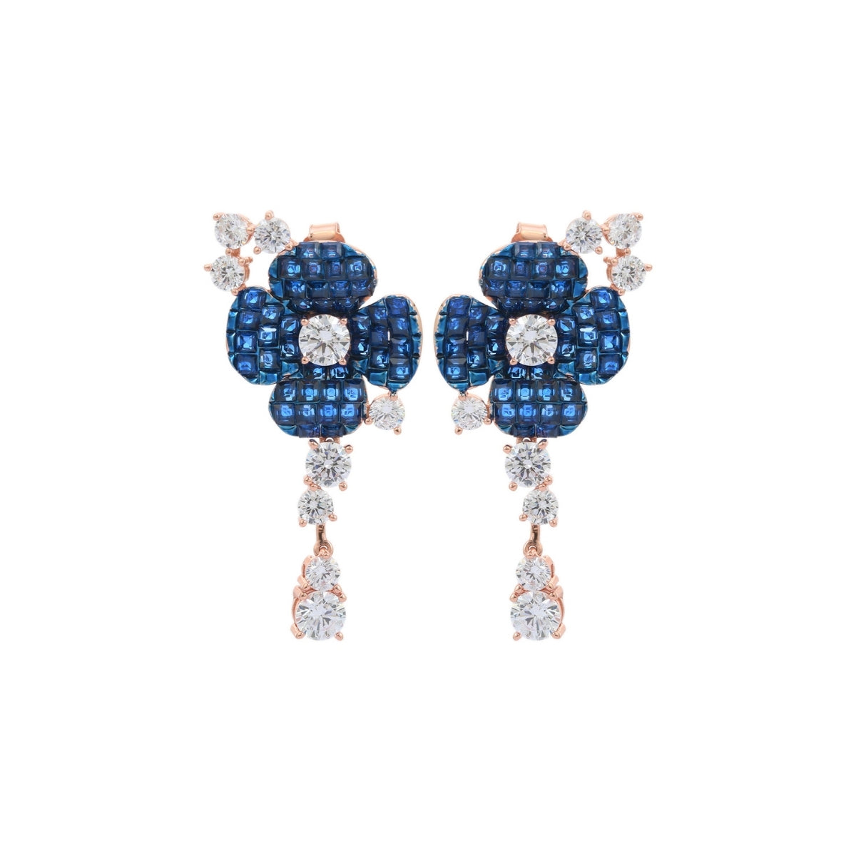 925 Silver Flower Dangle Earrings - Stunning Blue and Pink CZ Diamonds