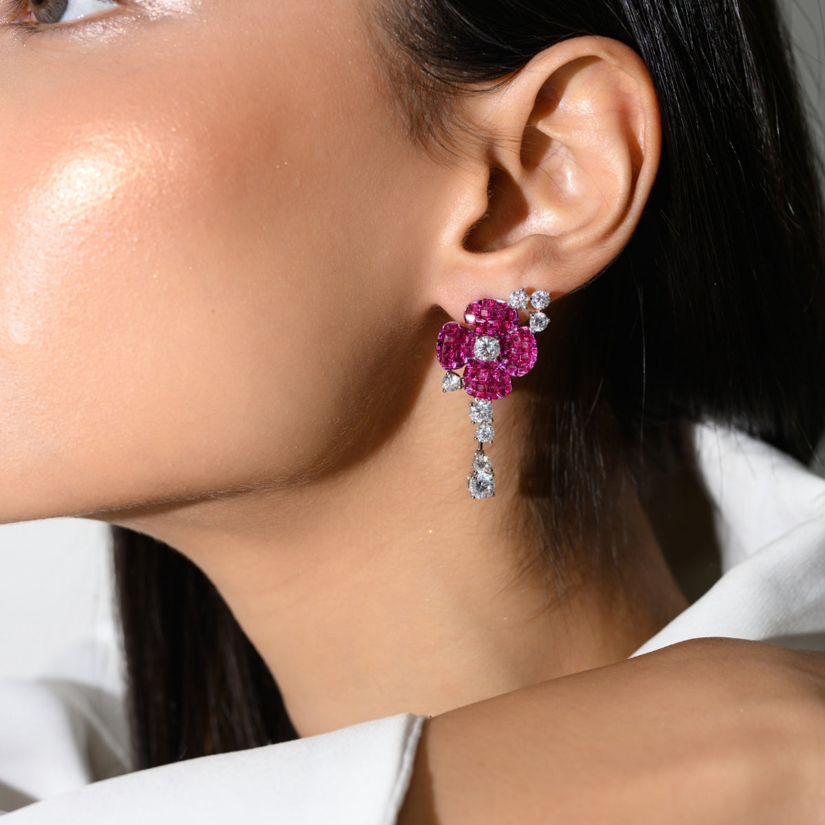 925 Silver Flower Dangle Earrings - Stunning Blue and Pink CZ Diamonds