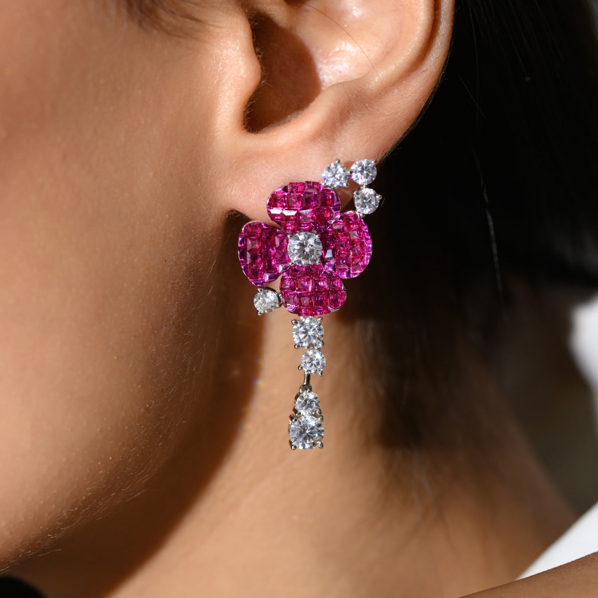 925 Silver Flower Dangle Earrings - Stunning Blue and Pink CZ Diamonds