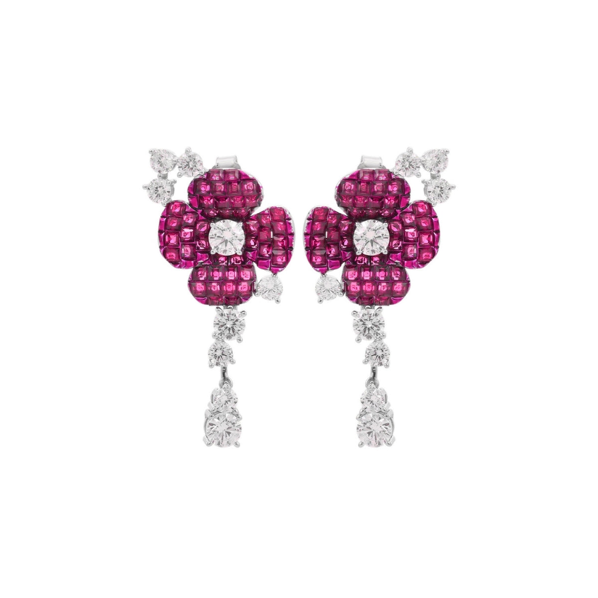 925 Silver Flower Dangle Earrings - Stunning Blue and Pink CZ Diamonds