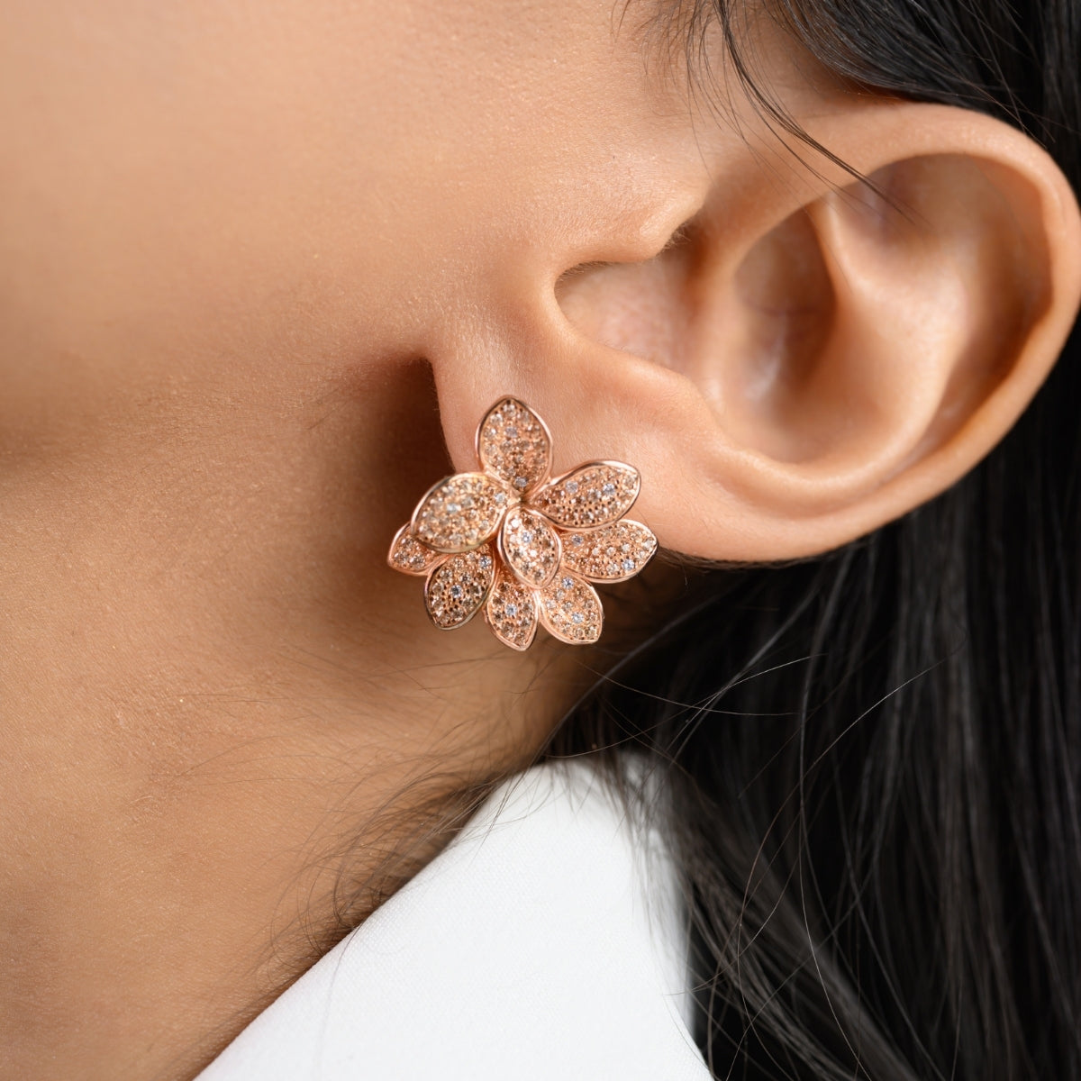 Rose Gold Flower Stud Earrings with Sparkling CZ Diamonds