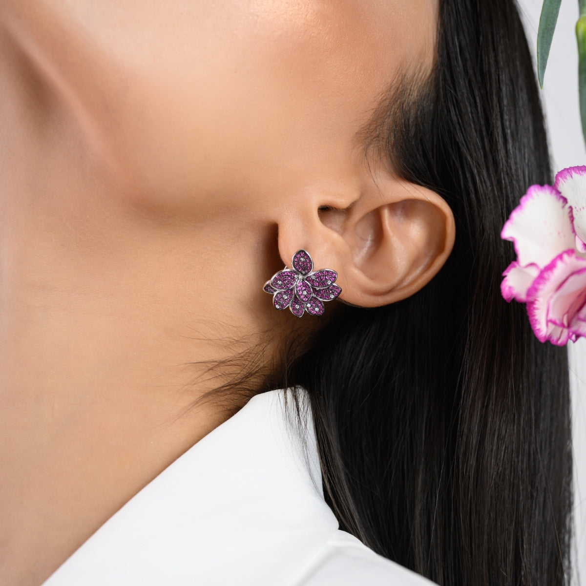 Antique Colourful Flower Diamond Stud Earrings in Silver and Rose Gold