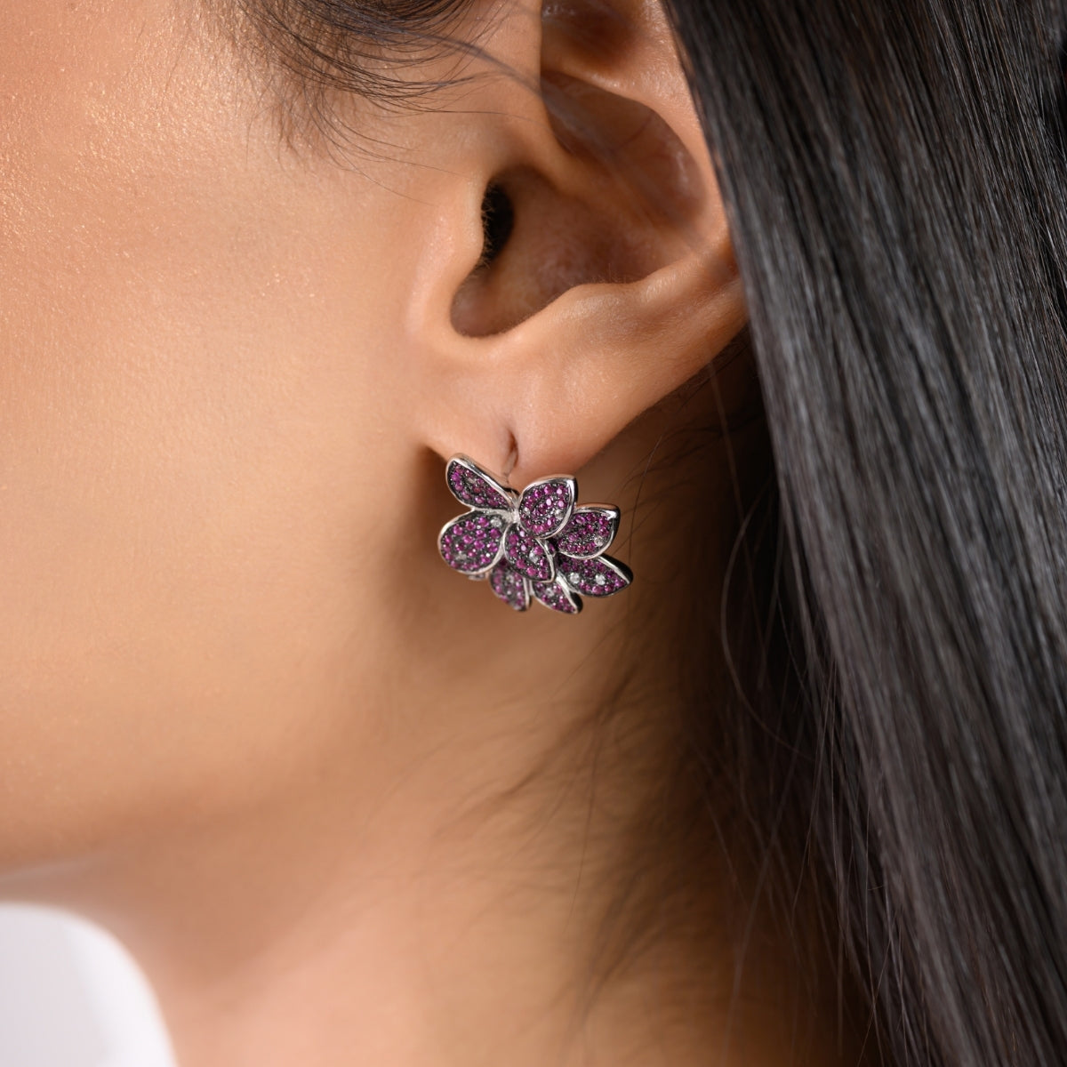 Antique Colourful Flower Diamond Stud Earrings in Silver and Rose Gold