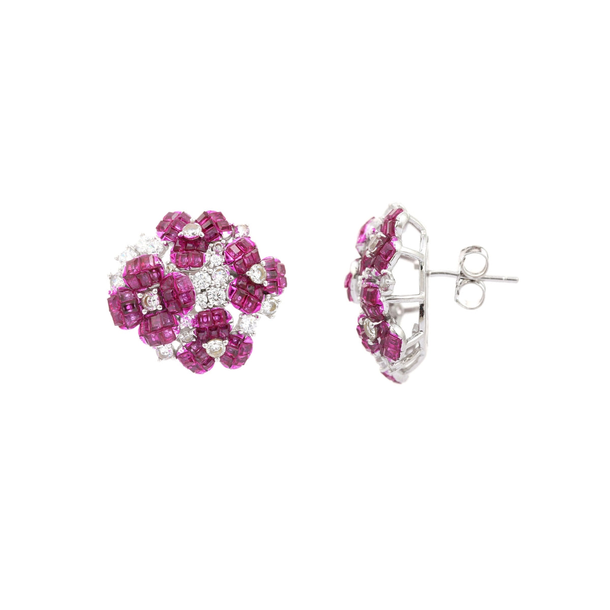 Ruby Pink Flower Earrings with Twinkling CZ Diamonds
