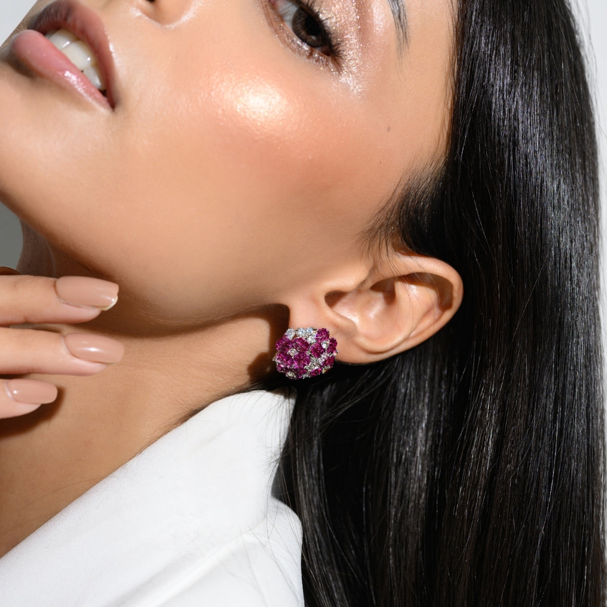 Ruby Pink Flower Earrings with Twinkling CZ Diamonds