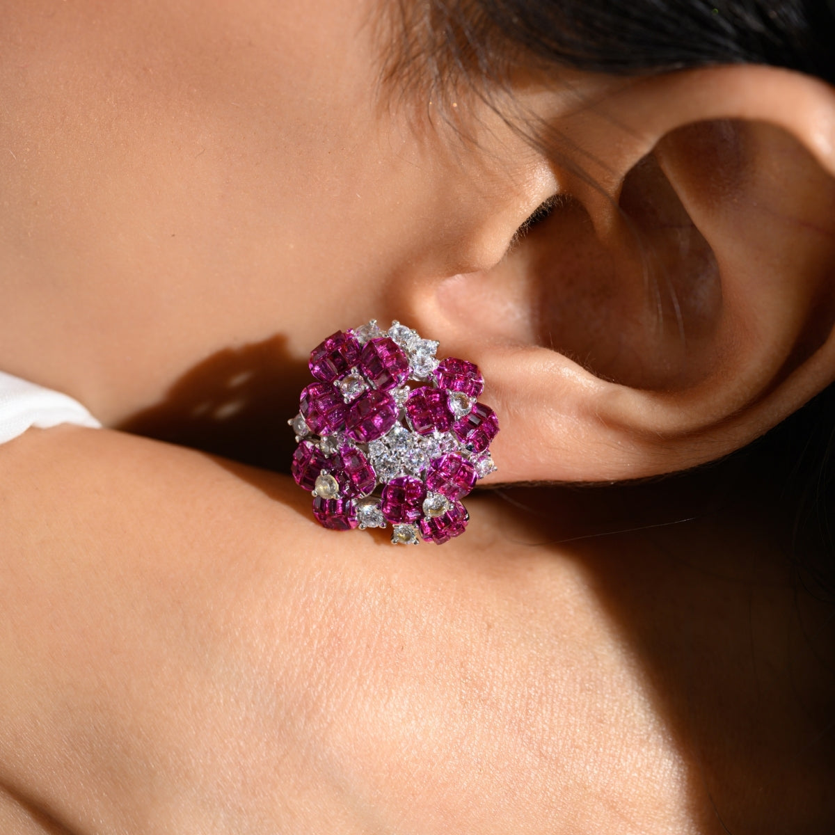 Ruby Pink Flower Earrings with Twinkling CZ Diamonds