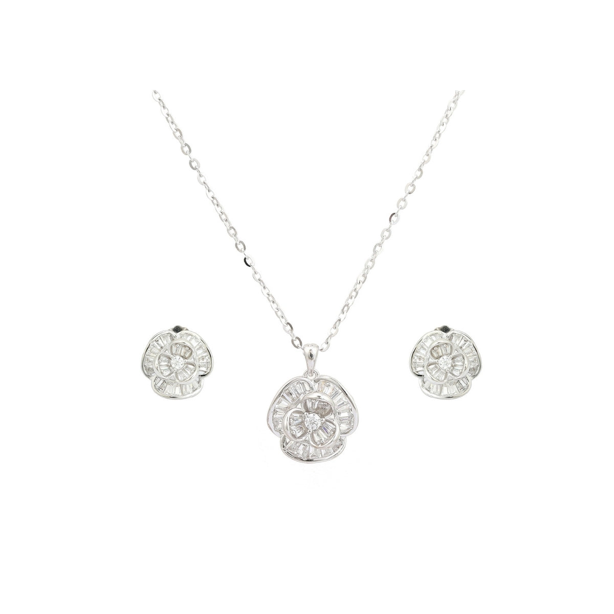 925 Silver CZ Diamond Flower Pendant Set with Earrings - White and Yellow Gold Finish