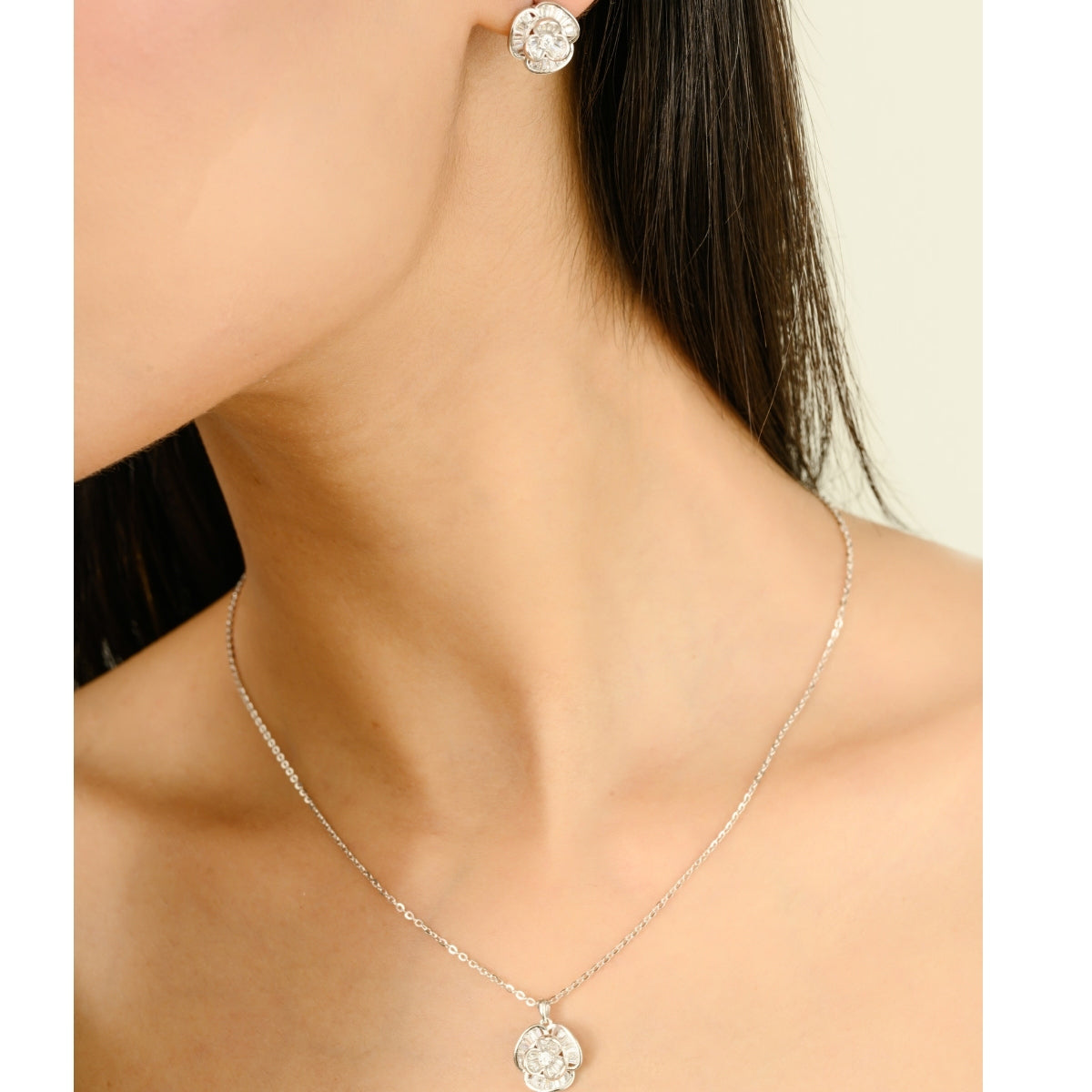 925 Silver CZ Diamond Flower Pendant Set with Earrings - White and Yellow Gold Finish