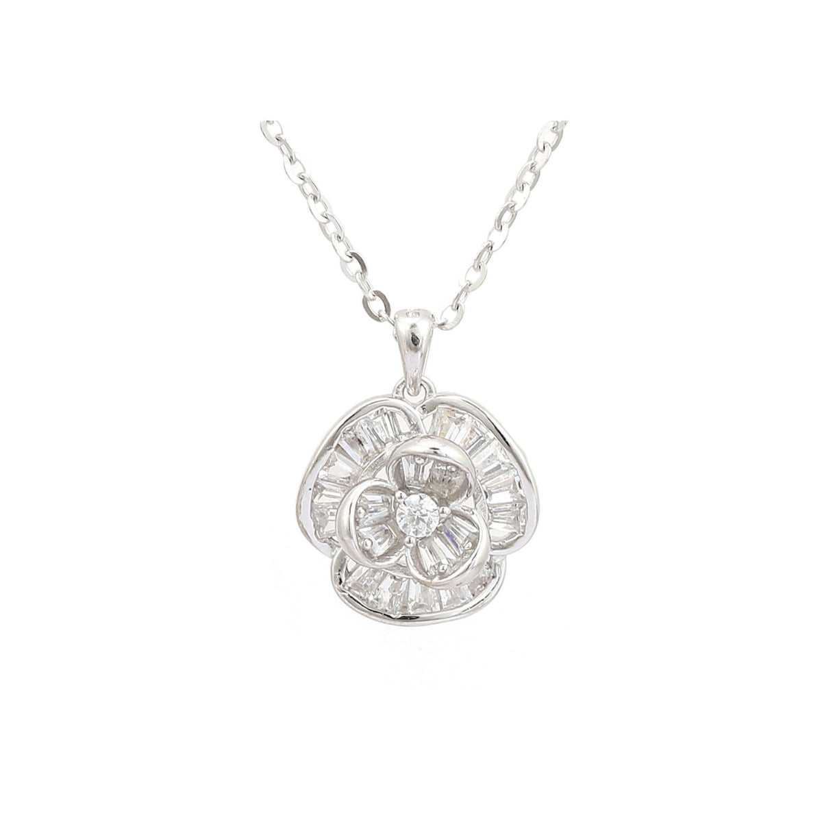 925 Silver CZ Diamond Flower Pendant Set with Earrings - White and Yellow Gold Finish