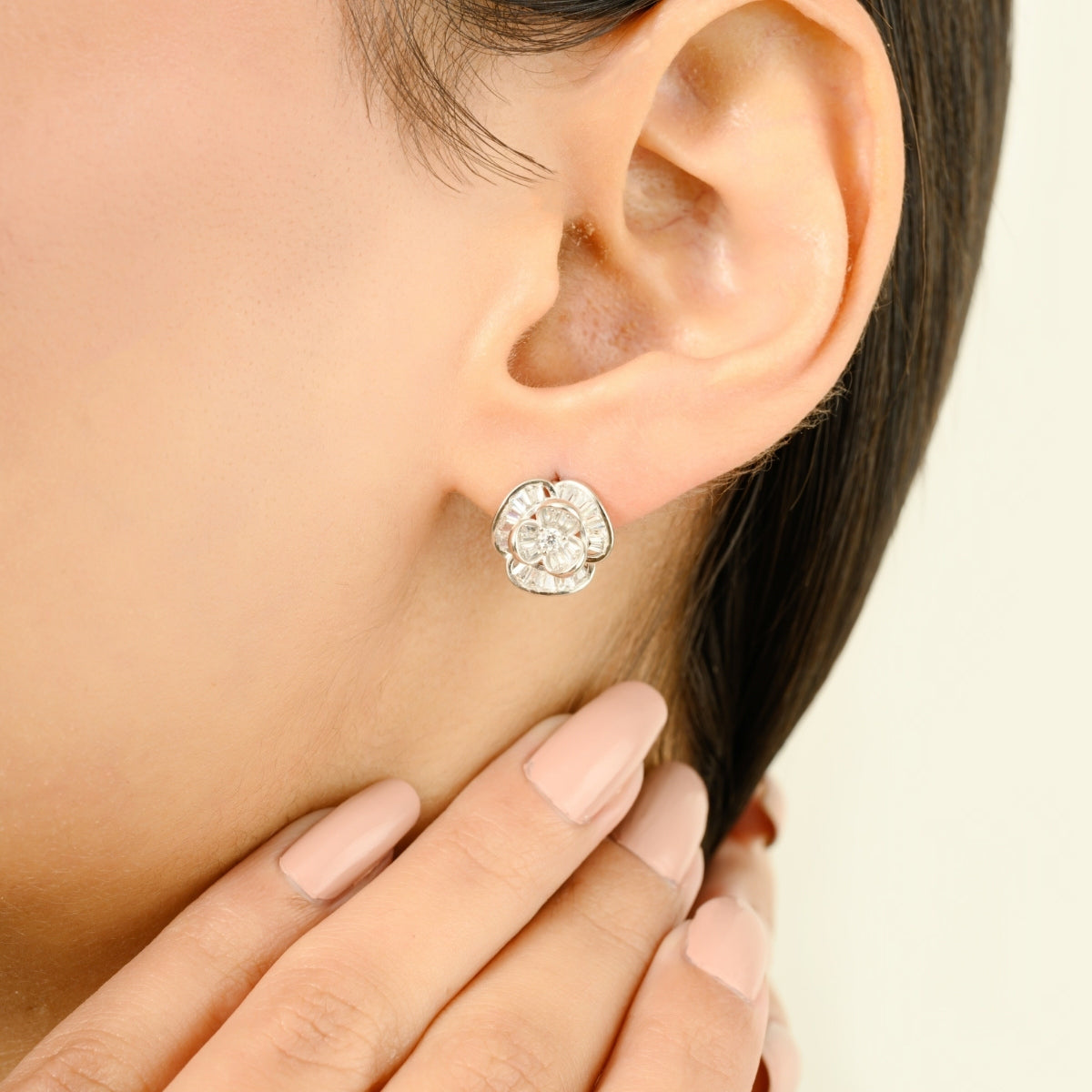 925 Silver CZ Diamond Flower Pendant Set with Earrings - White and Yellow Gold Finish