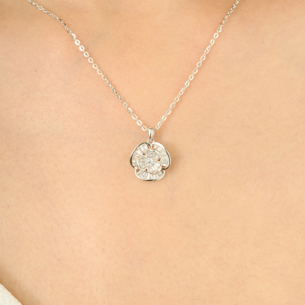 925 Silver CZ Diamond Flower Pendant Set with Earrings - White and Yellow Gold Finish