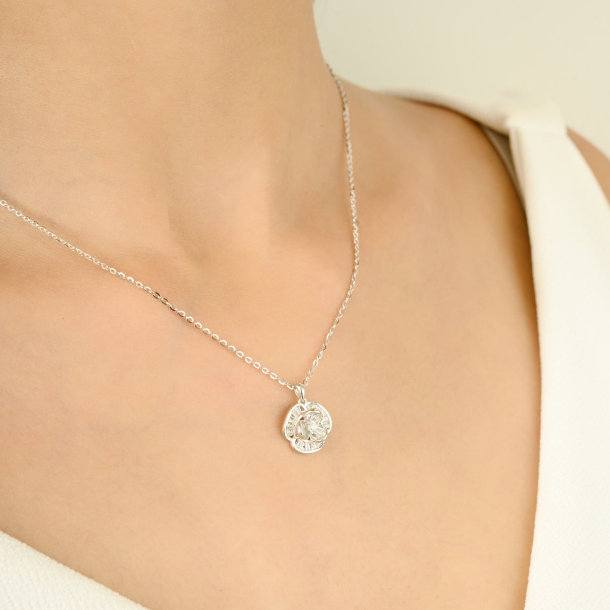 925 Silver CZ Diamond Flower Pendant Set with Earrings - White and Yellow Gold Finish