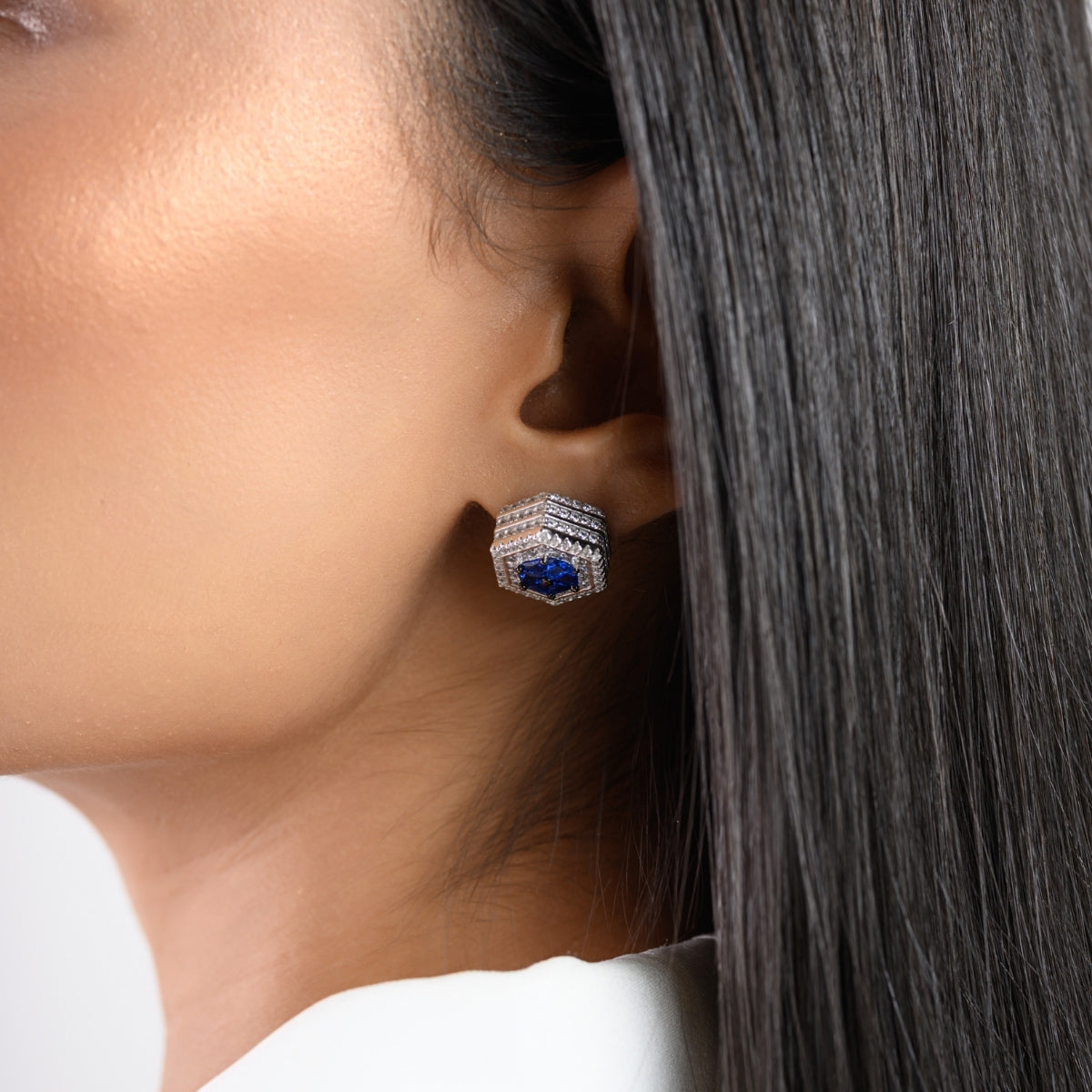 Elegant Art Deco Blue Sapphire and Emerald Green CZ Diamond Earrings