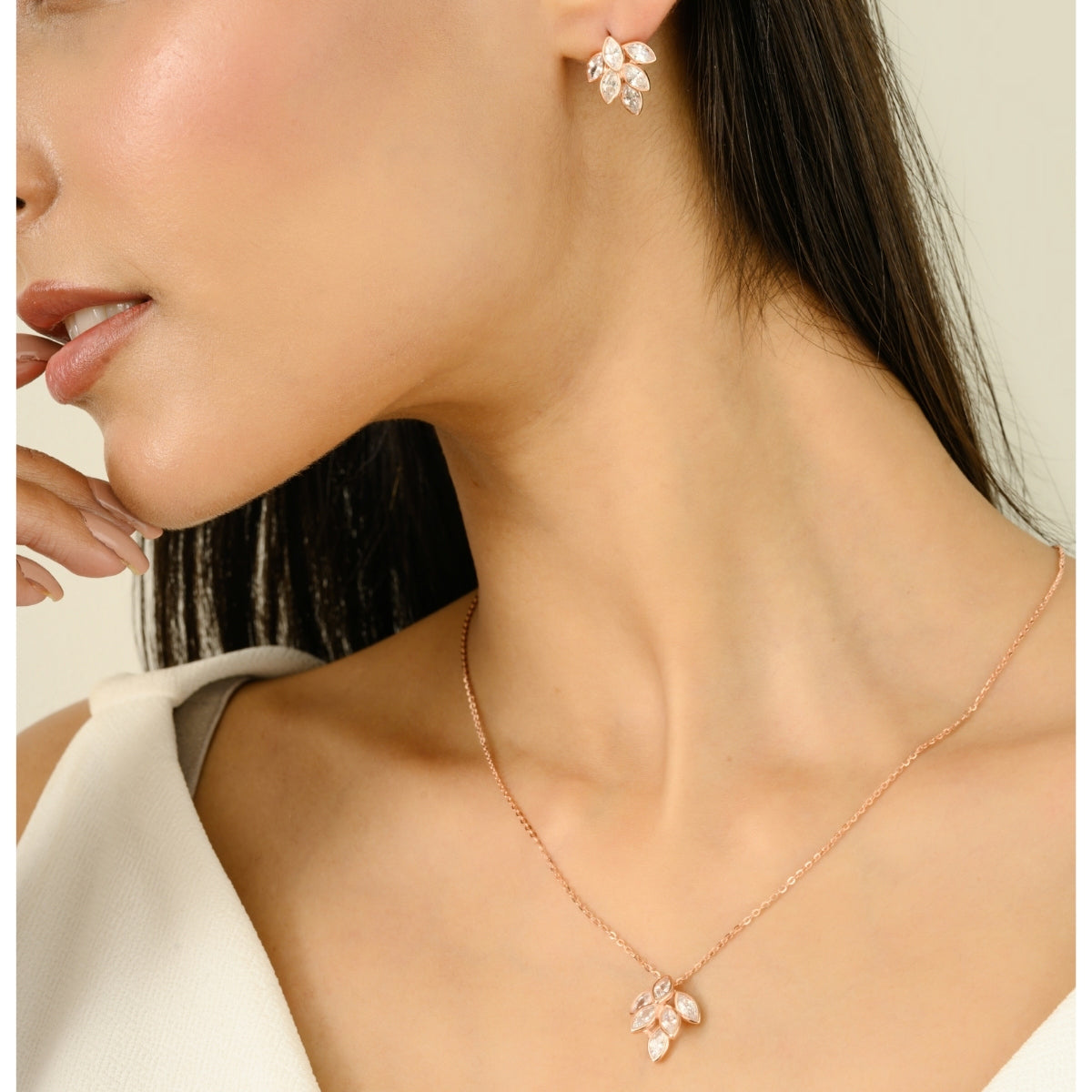 Marquise Cut CZ Diamond Leaf Drop Necklace set with Earrings