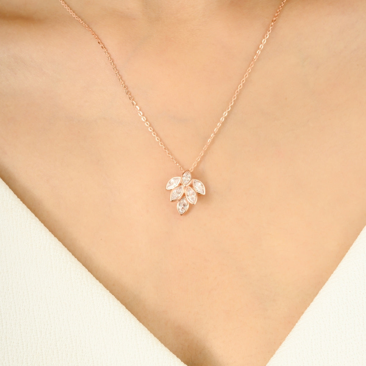 Marquise Cut CZ Diamond Leaf Drop Necklace set with Earrings