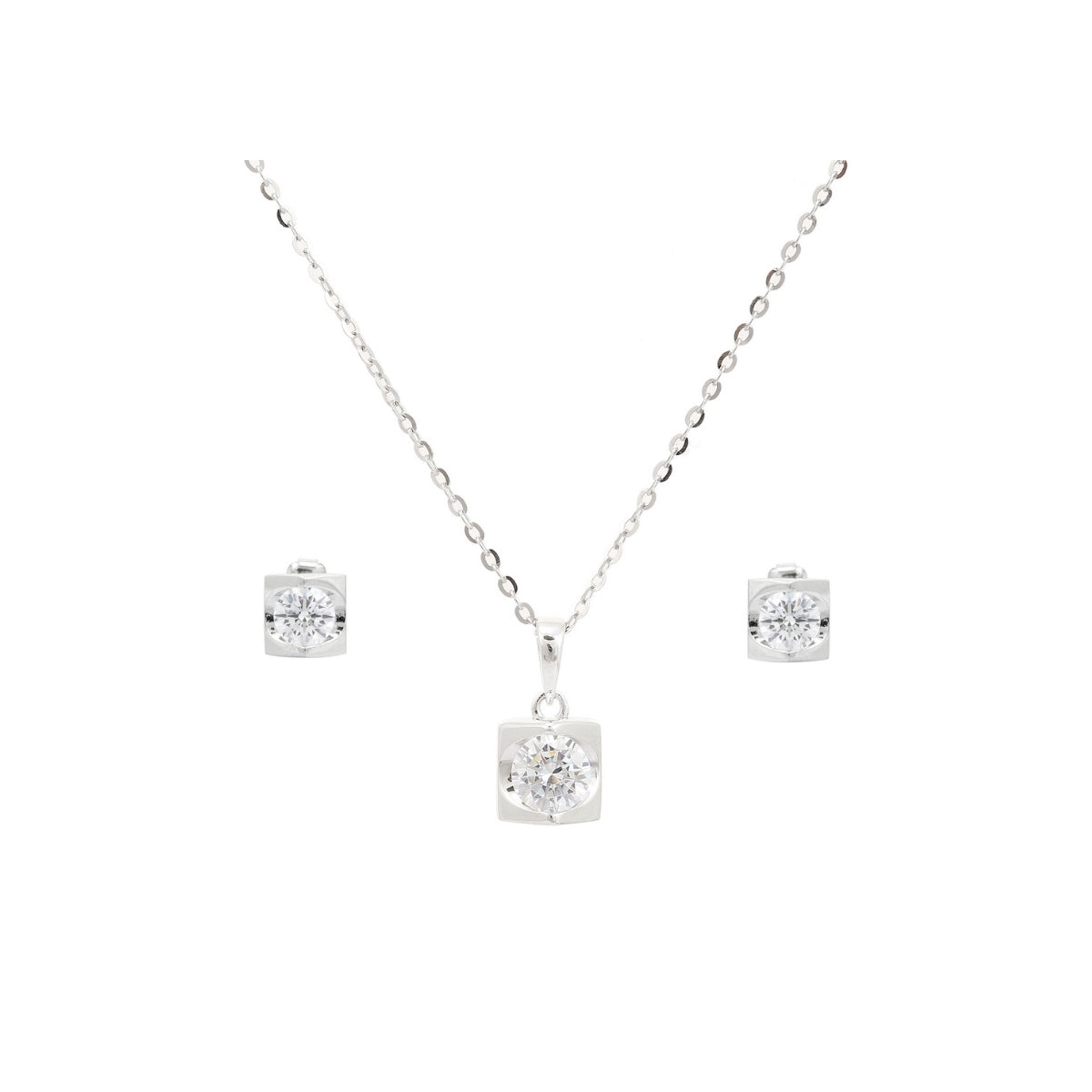 925 Silver Cz Solitaire Diamond Drop Necklace with Earrings.