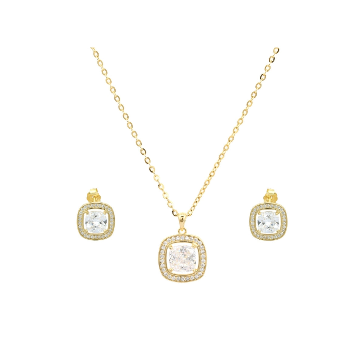 Yellow Gold CZ Diamond Necklace with Earrings