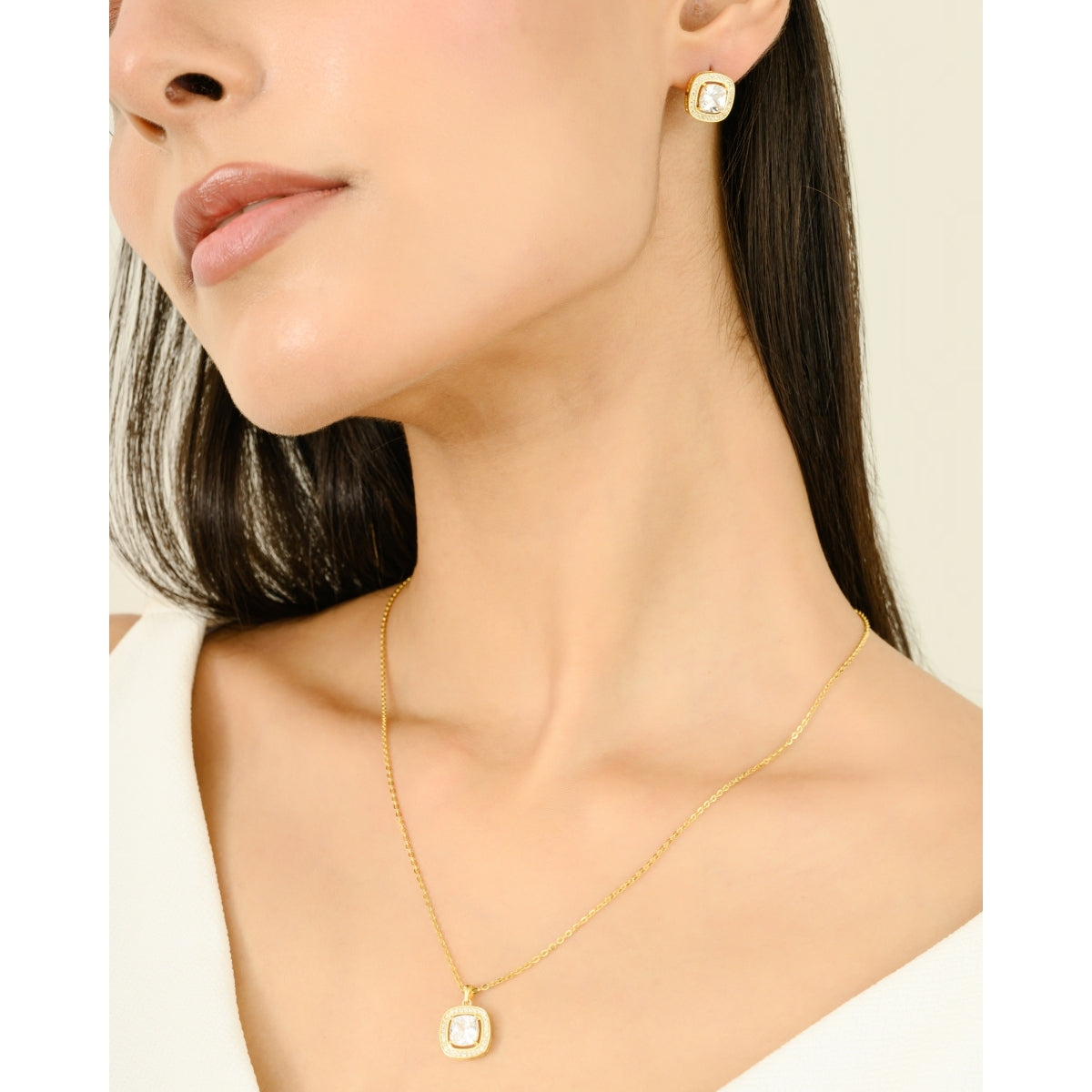 Yellow Gold CZ Diamond Necklace with Earrings