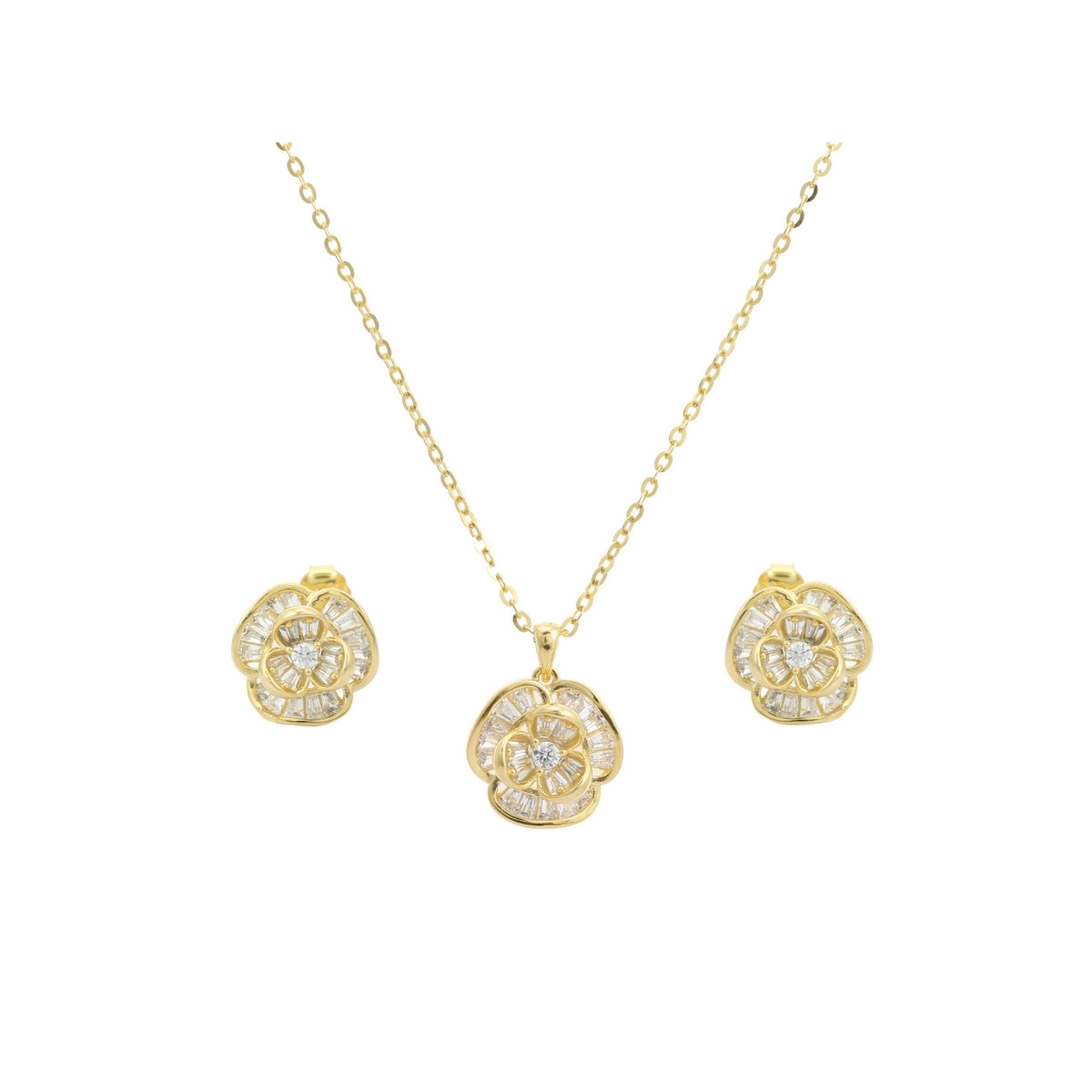 925 Silver CZ Diamond Flower Pendant Set with Earrings - White and Yellow Gold Finish