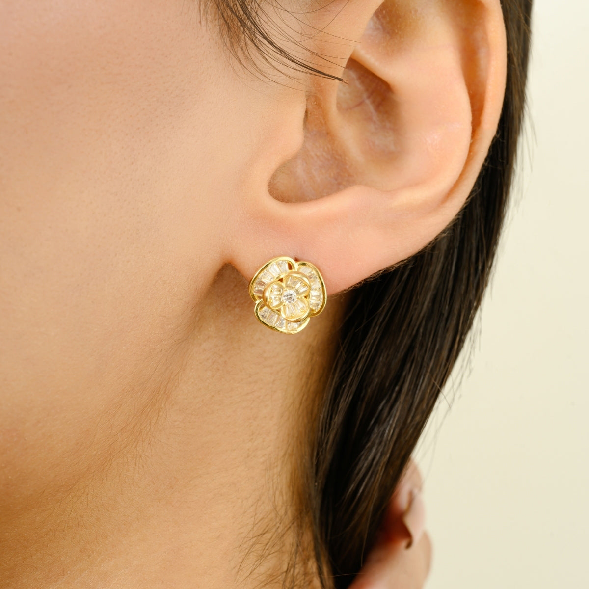 925 Silver CZ Diamond Flower Pendant Set with Earrings - White and Yellow Gold Finish