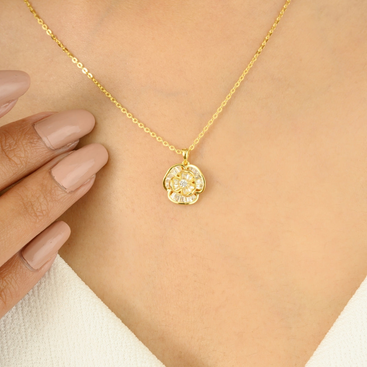 925 Silver CZ Diamond Flower Pendant Set with Earrings - White and Yellow Gold Finish