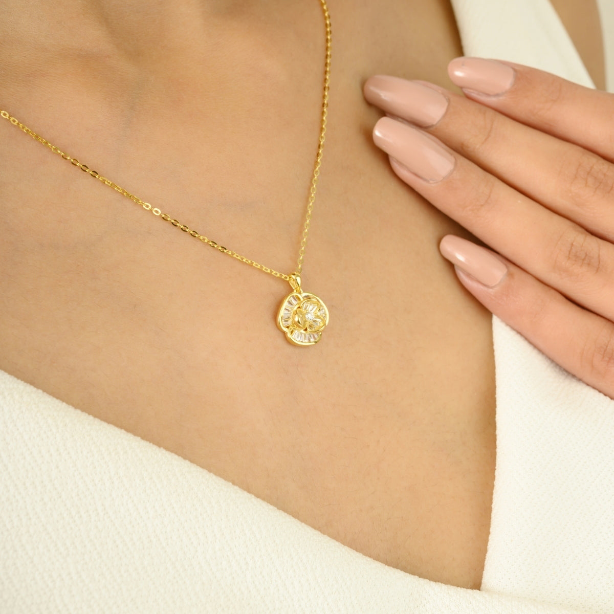 925 Silver CZ Diamond Flower Pendant Set with Earrings - White and Yellow Gold Finish