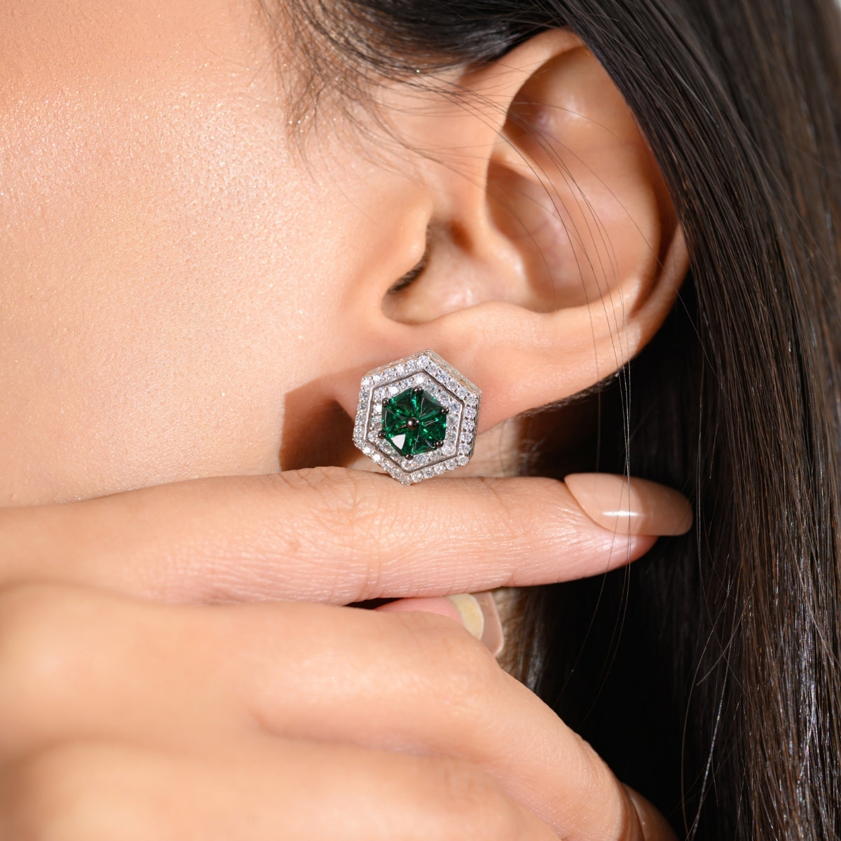 Elegant Art Deco Blue Sapphire and Emerald Green CZ Diamond Earrings