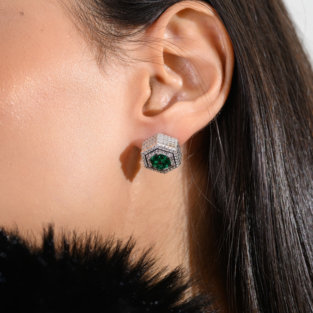 Elegant Art Deco Blue Sapphire and Emerald Green CZ Diamond Earrings