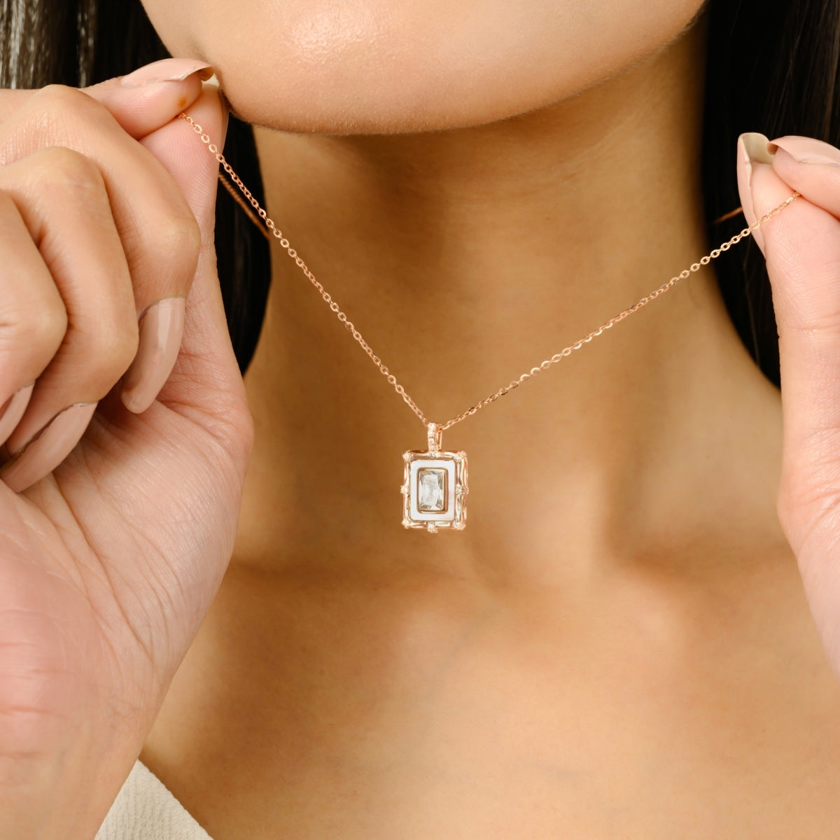 Rose Gold Necklace - 925 Silver Square Cz Diamond Pendant