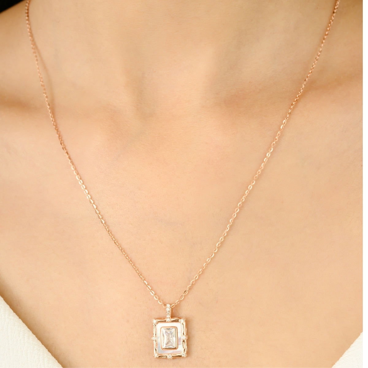 Rose Gold Necklace - 925 Silver Square Cz Diamond Pendant
