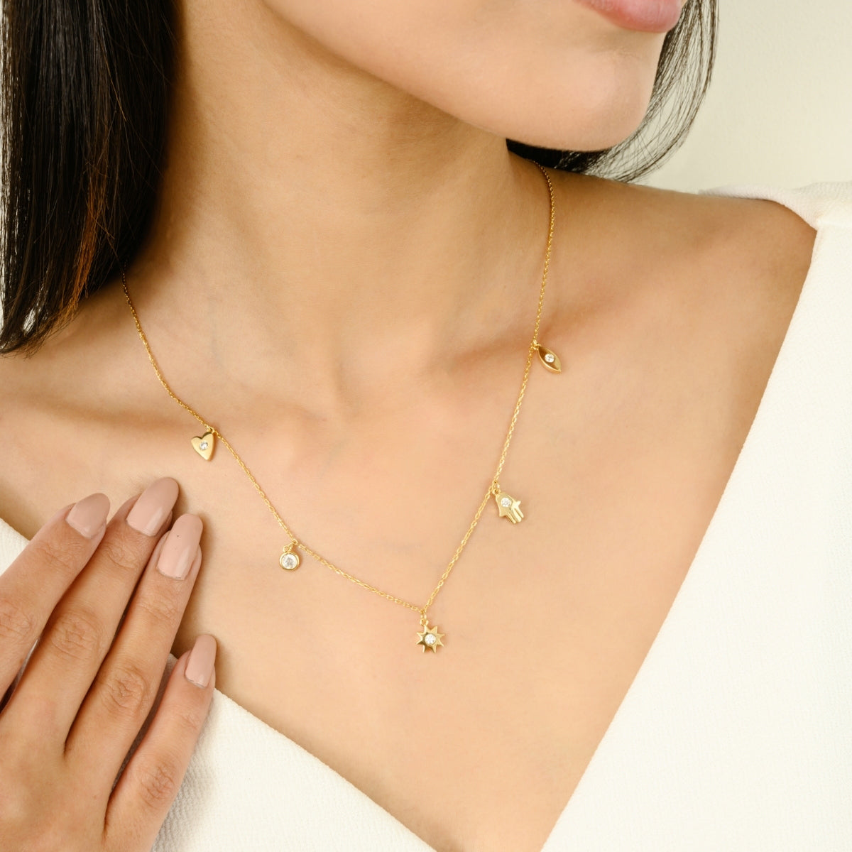 Yellow Gold Hamsa Charm Necklace Protection and Good Luck Jewelry