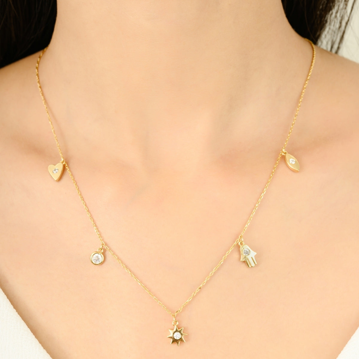 Yellow Gold Hamsa Charm Necklace - Protection and Good Luck Jewelry