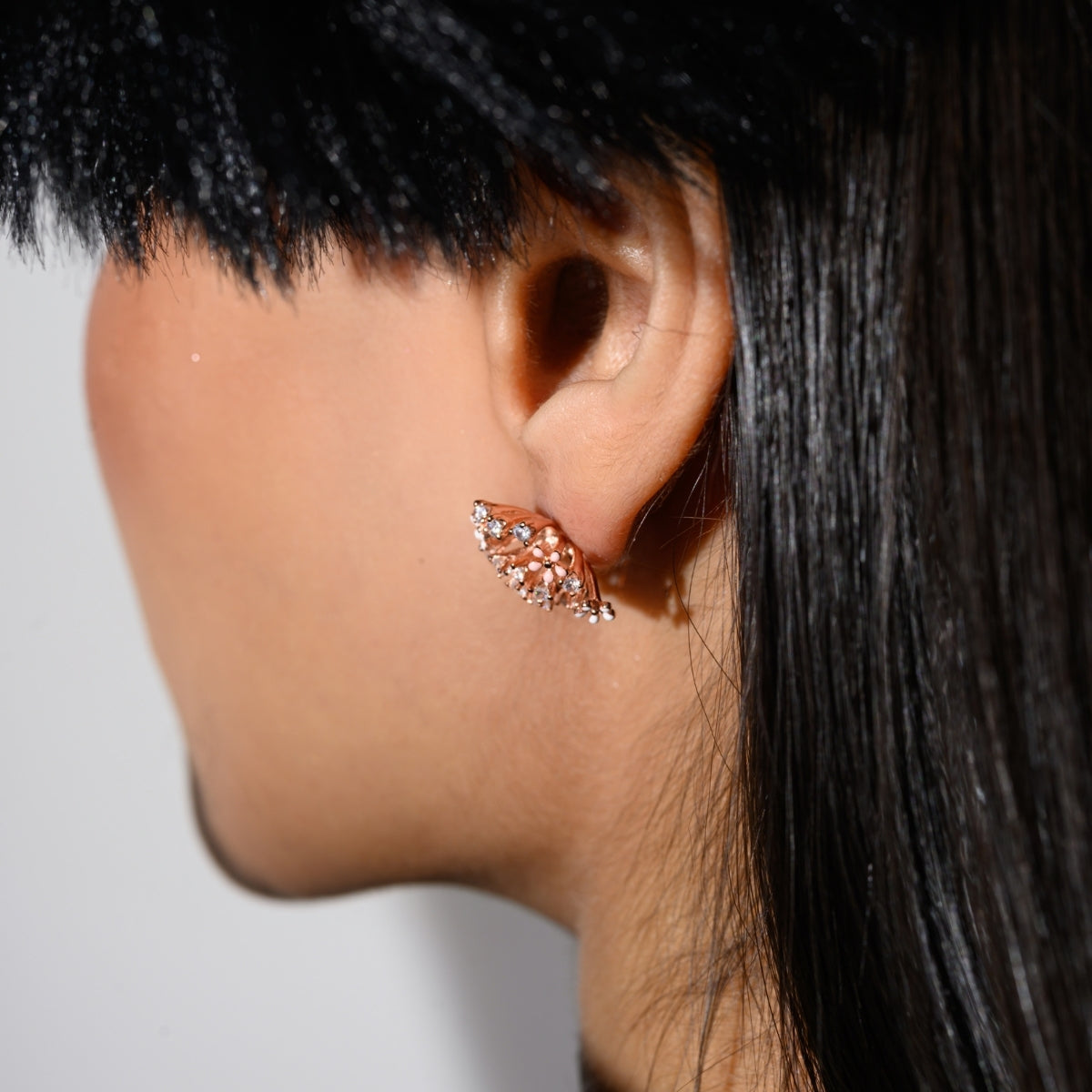 Rose Gold and Silver Snowflake Stud Earrings - Sparkling CZ Diamonds