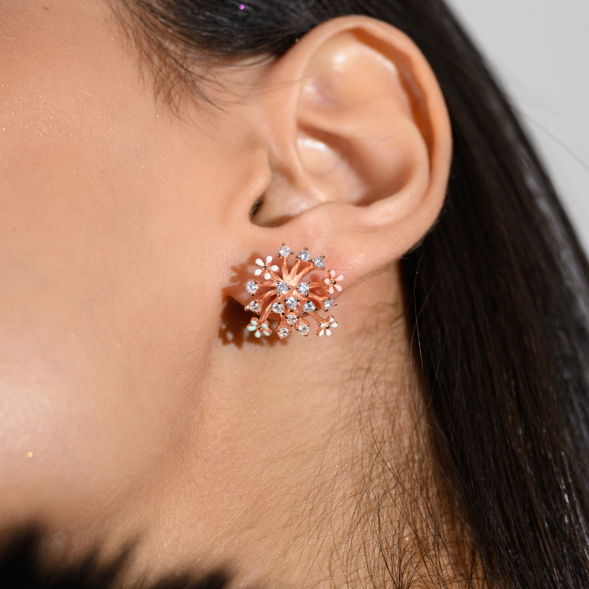 Rose Gold and Silver Snowflake Stud Earrings - Sparkling CZ Diamonds